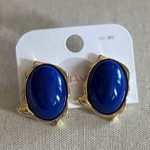Oceanus Blue Cabochon Chunky Gold Tone Earrings S925 Posts